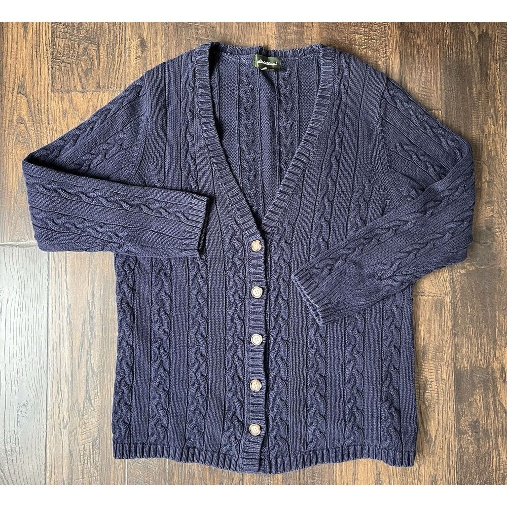 Eddie Bauer  Sweater L Cable Knit Cardigan Navy Blue Fisherman Grandpa Y2K VTG